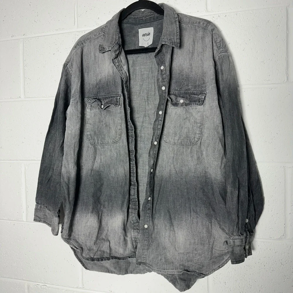Aerie Womens Grey Ombre Denim Button Down Shirt Oversized Long Sleeve Medium - Picture 1 of 3